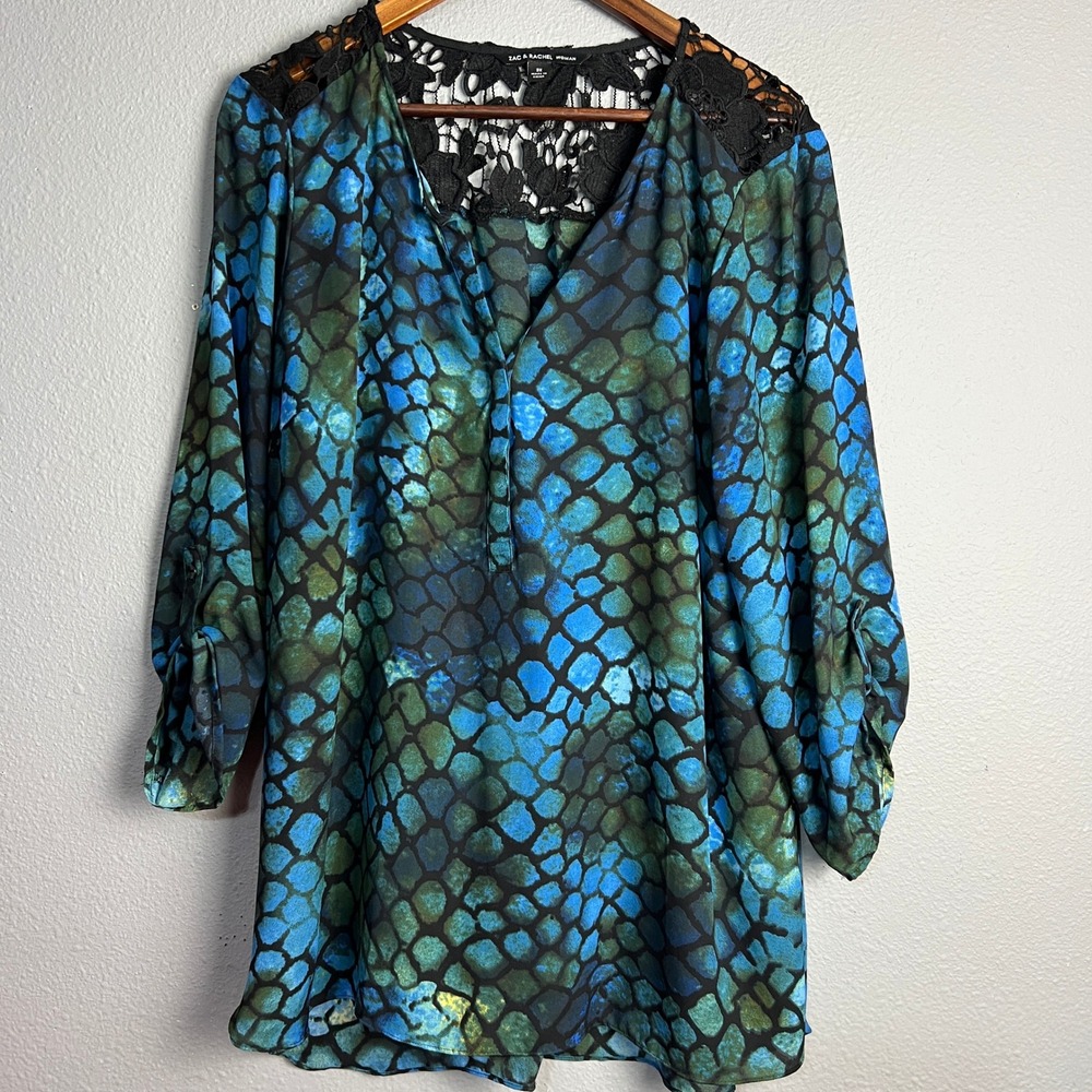 Zac & Rachel Reptile Print Jewel Toned Blouse Boho Glam Lace Trim Flowy Size 2X